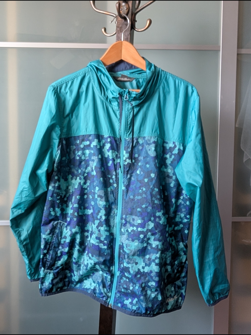 Eddie Bauer Teal & Navy Patterned Windbreaker Jacket W2XL